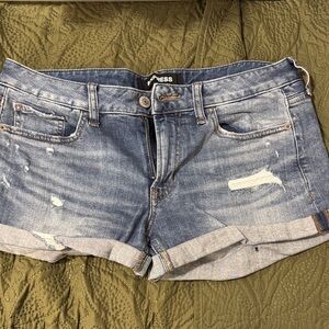 Express Distressed Light Blue Rolled-Hem Denim Shorts